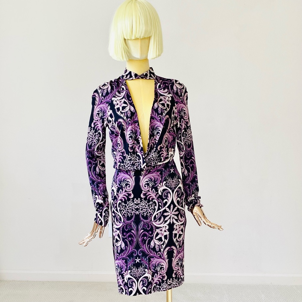 Roberto Cavalli Shift Dress Black/ Purple Plunge V Neck Long Sleeve SZ 4/40